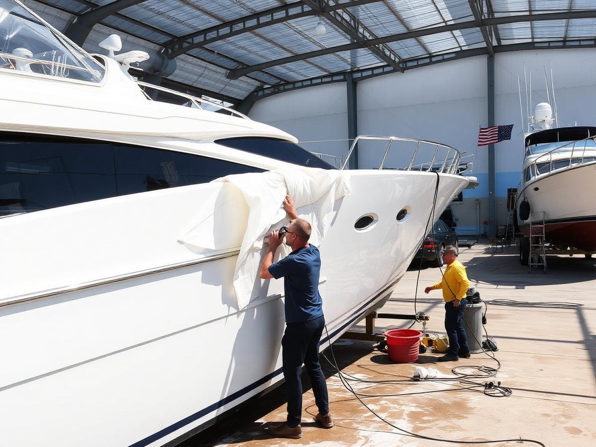 Crew maintaining a motor yacht hull ashore